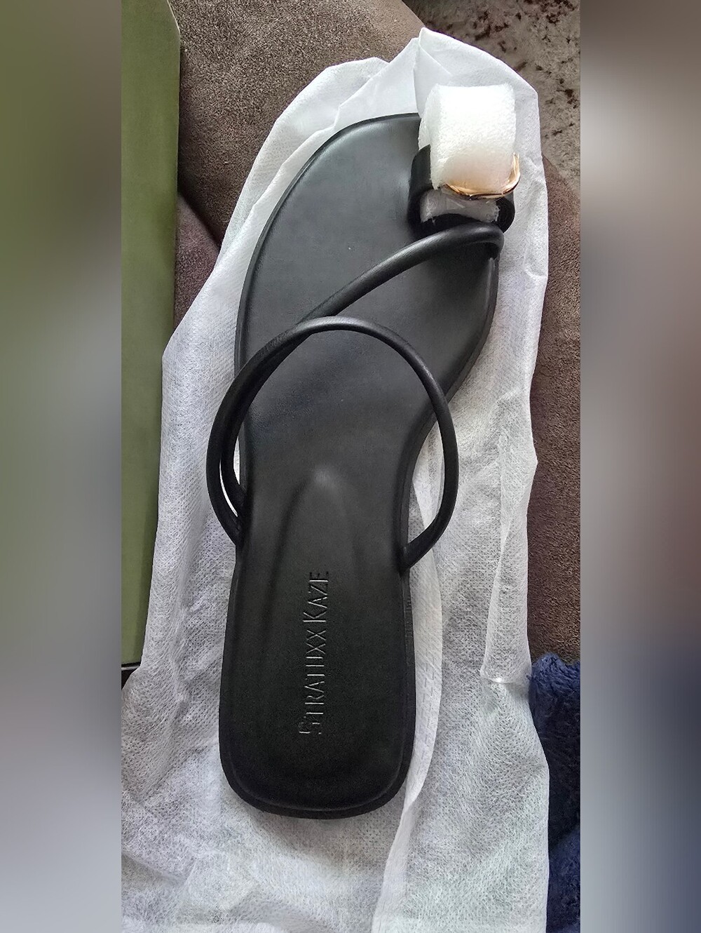 Black Sandal Thong Slides with Gold Accents - Picture 2 of 3